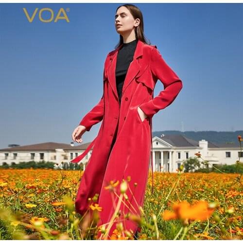 VOA Autumn New Silk 30mm Heavy Chinese Red Suit Women Fashion Collar Three Buttons To Make Old Craft Windbreaker Female FE160