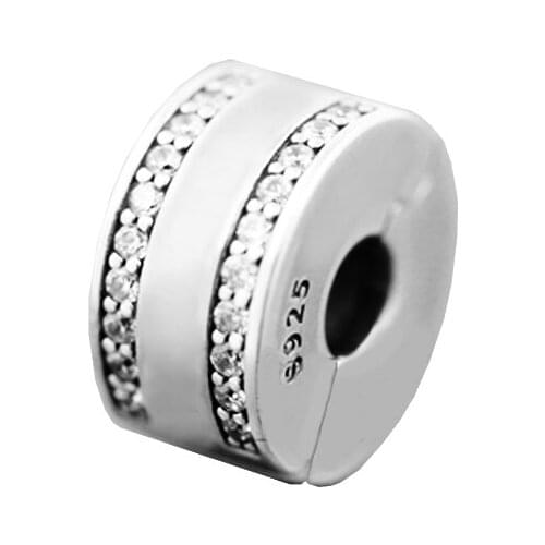 Fits Pandora Bracelets Insignia Clips Silver Beads with Clear CZ 100% 925 Sterling Silver Jewelry DIY Charms Free Shipping