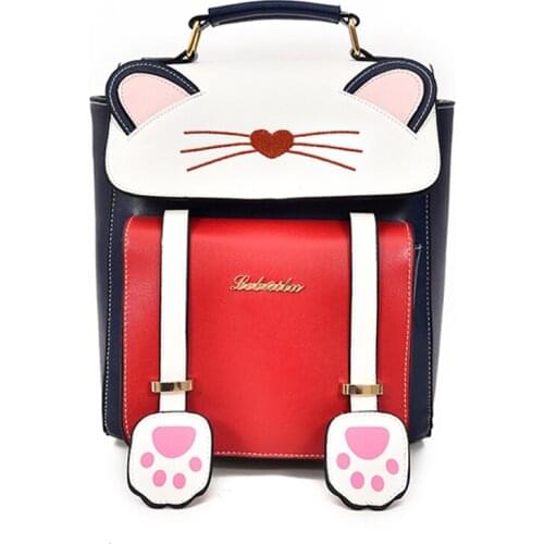 Women Leather Embroidery Backpack Preppy Girl Schoolbag Female Travel Bag Tote Braccialini Style Handicraft Art Cartoon Cat Hand