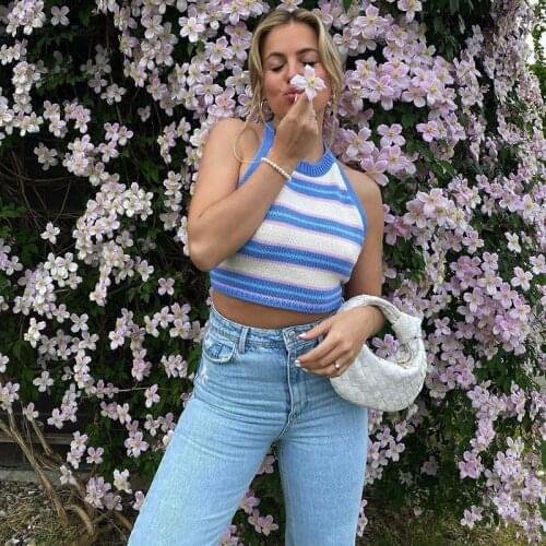 Ins Stripe Knitted Halter Crop Top 2021 Summer Green Backless Sleeveless Y2k Top Fashion Blue Off Shoulder Bandage Sexy Tank Top