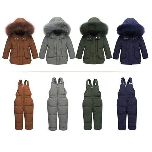 Winter new Childrens down jacket suit Thickened childrens clothing Down straps Wool collar coat