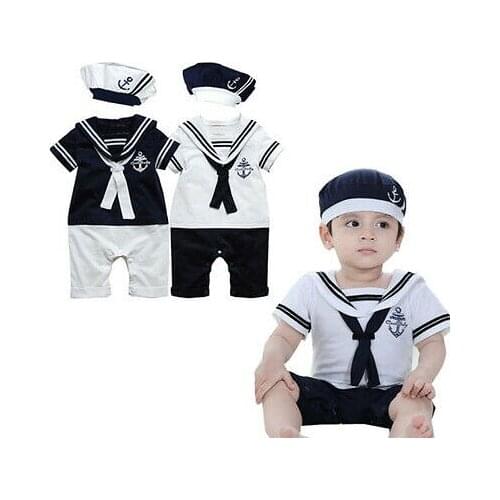 2PCS Toddler Baby Boy Kids Romper Captain Clothes Set Playsuit + Hat Oufits Tracksuit
