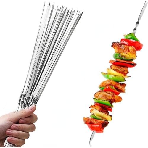 20Pcs 35cm Reusable Stainless Steel BBQ Grill Skewers for Barbecue Flat Forks Skewers Tools Outdoor Camping Picnic Accessories