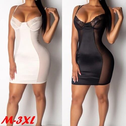 2021Sexy Dress Women Lace Mesh Sheer Deep V-neck Dresses Black White Fashion Mini Bodycon Club Dresses for Size M-3XL
