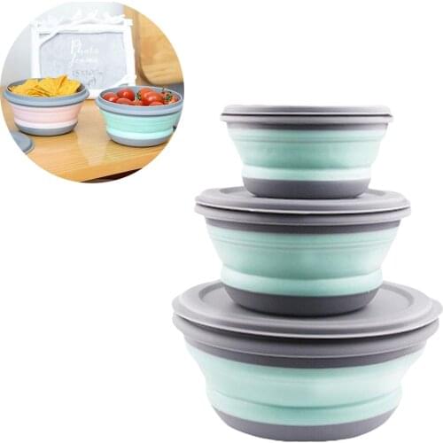 3Pcs Folding Camping Bowl Set Portable Silicone Kitchen Containers For Travel Outdoor Camping Tapas Silicona Adaptables Cover
