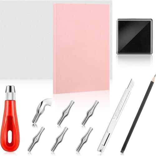 ABSF Rubber Stamp Making Kit Block Printing Tool Kit, Linoleum Cutter with 6 Types Blades, Tracing Paper,Rubber Carving Block
