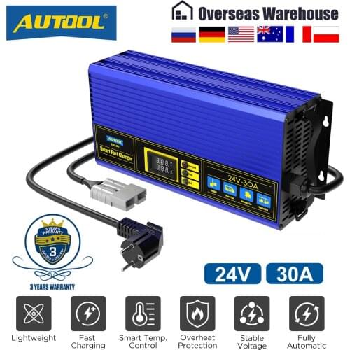 AUTOOL EM160 Smart 24V 30A Car Battery Charger for Forklift Club Car Golf Cart 200AH-300AH Fast Charger for 8S 24V LiFePO4 Golf
