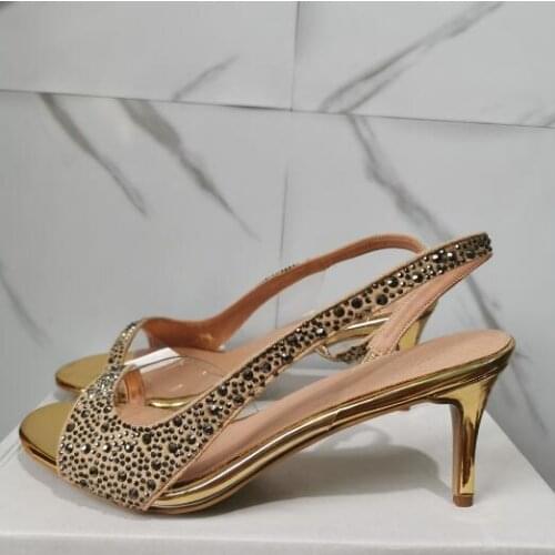 Woman Gold Rhinestone Bling Bling Slingback Sandals 8 cm 10 cm 12 cm Stiletto Heels Peep Toe Slip On Wedding Sandals Shoes