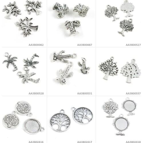 Antique Silver Tone Jewelry Making Charms Life String Tree Oak Cabochon Blank Base Cactus Cacti Coconut Palm Beads Bracelet