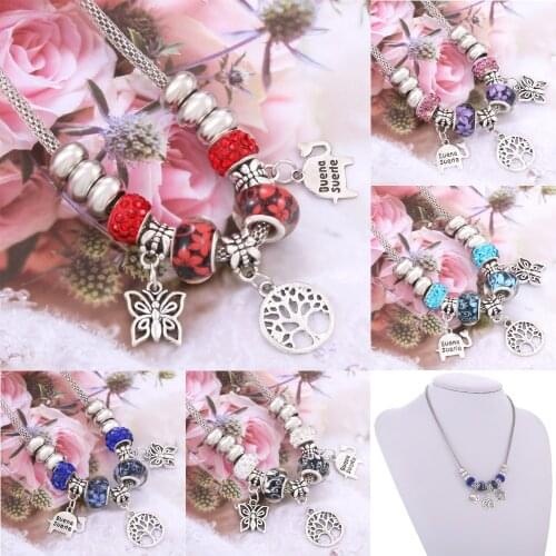 Butterfly & Tree of Life & BUENA SUERTE Pig Jewelry Lobster Buckle Snake Chain Necklace Beaded Sweater chain Fit Jewelry