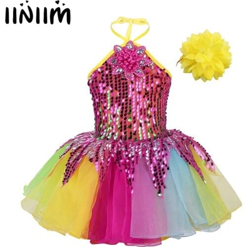 Kids Girls Dancewear Costumes Sequins Flower Applique Tutu Dress with Wristband for Ballet Ballroom Dance Competition Tutu Dress