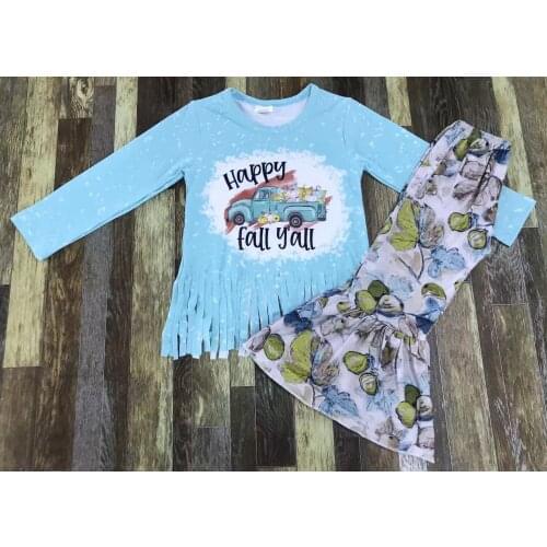 Childrens Boutique Thanksgiving Truck pumpkin patterned tassel long sleeve fall bell bottom set