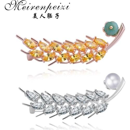 Meirenpeizi Long Large Pearl Brooches for Women Gold Color CZ Crystal Brooches Marquise Zircon Wheat Pins Jewelry Party Gift