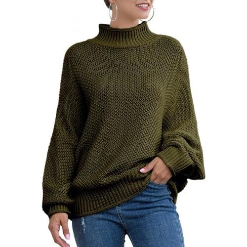 Ele-Choices Women Solid Color Long Sleeve Turtle Neck Loose Knitted Sweater Jumper Pullover