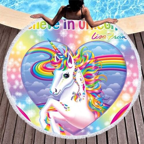 European And American 3D Digital Printed Fruit Beach Towel Microfiber Round Tassel Beach Mat Unicorn Bath Towel