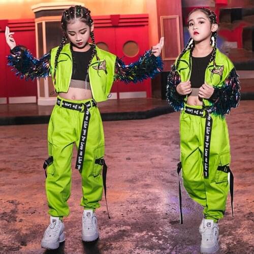 Hip Hop jazz Dance Costumes Fluorescent Green Tassel Coat Girls Jazz Clothing Children Street Dancing Stage Performance Wear