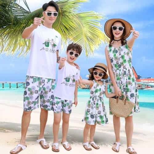 Dad Son Bicycle T-shirt and Stone Leaves Shorts 2PCS Set Summer Holiday Family Matching Outfit Mom Daughter Casual Chiffon Dress