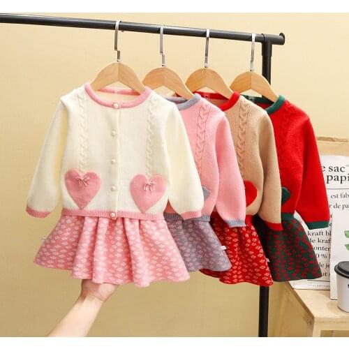 Christmas Baby Girl Clothes Winter Clothing Sets 2021 New Casual Printing Knitted Sweater Cardigan+Pleated Skirt Two-Piece Suit