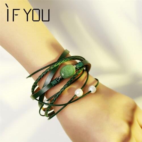 IF YOU Green Natural Stone Leather Bracelet For Woman Multilayer Big Beads Bracelets Men High Quality Fashion Jewelry Gift