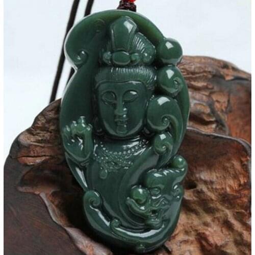 Natural Green Hetian Jades Pendant 3D Handmade Carved Guanyin Bodhisattva Pendants Women Men' Amulet Nephrite Jades Jewelry Rope
