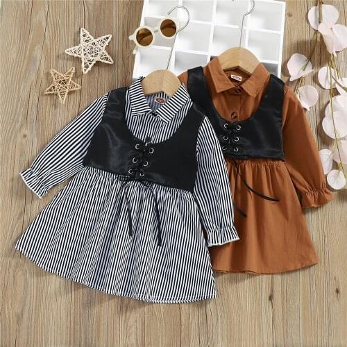 Fashion Baby Girl Dress And Vest Childrens Sets Kid Stripe/Solid Color Long Sleeve High Waist A-Line Dress Spring Autumn 2021