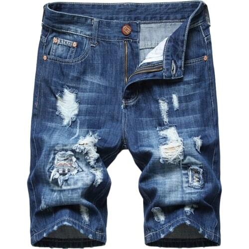 Mens Summer Holes Ripped Denim Shorts Casual Knee Length Distressed Jeans Breeches