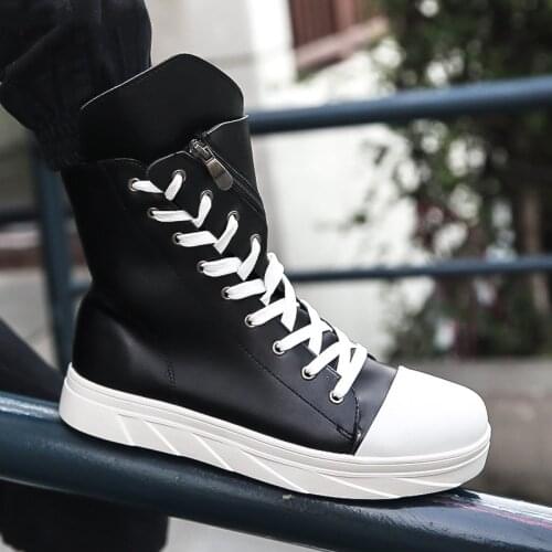 New Mens Black and White High Top Boots Round Head Rock PU Leather Shoes Outdoor Leisure Waterproof Boots Mens Flat Shoes