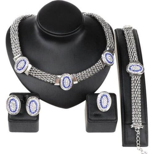 2016 New Blue White Austrian Crystal Jewelry Set for Women Silver Plated Oval Pendant Necklace Bracelet Earring Ring Sets bijoux