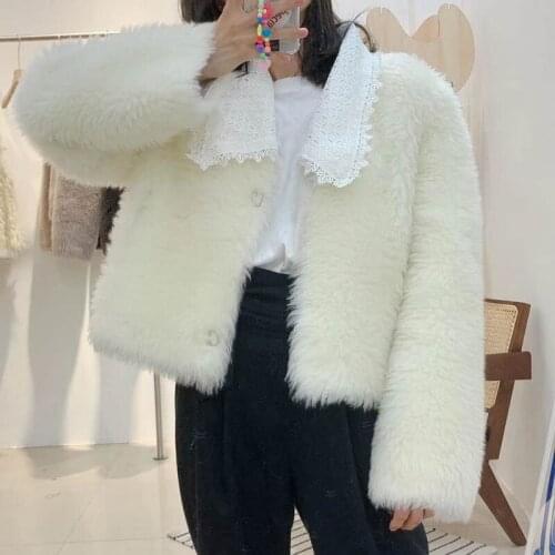 New women fashion coat winter 2021 real sheep wool jacket lace collar clothes short female coats long sleeves thick warm