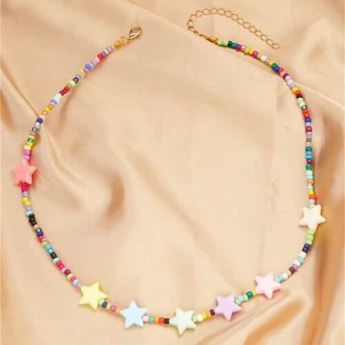 New Boho Choker Ethnic Pastoral Style Colored Beads Five-pointed Star Necklace For Women Vintage Fashion Collar Beach Jewelry