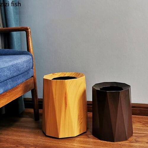 PP Plastic Trash Can Household Wastebasket Imitation Wood Grain Double Layer Waste Bins Decoration Garbage Bin Trash Can Kitchen
