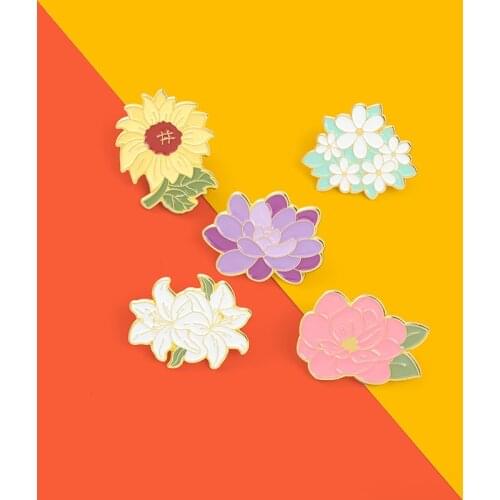 Cartoon Spring Floral Flower Enamel Lapel Pins Colorful Peony Sunflower Lily Daisy Brooches Bag Badges Women Girls Plant Jewelry
