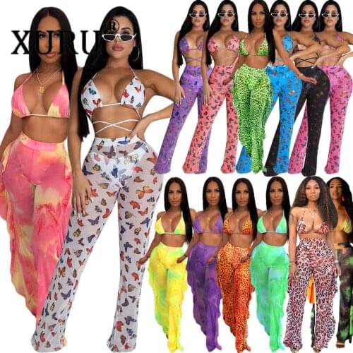 XURU European and American Sexy Womens Jumpsuit Two-piece (including Panties) Summer Hollow Bikini Ruffled Wide-leg Jumpsuit
