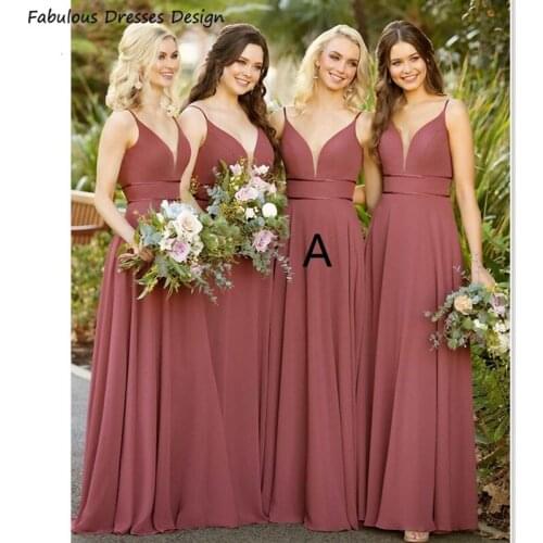 Chiffon A Line Long Bridesmaid Dresses 2021 Spaghetti Strap V-neck Backless Bridal Party Dress For Women Maid Of Honor