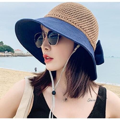 New Woman Summer Hats With Visor Hollow Straw Hat Fashion Bow Design Sun Hat Travel Mesh Bucket Hat