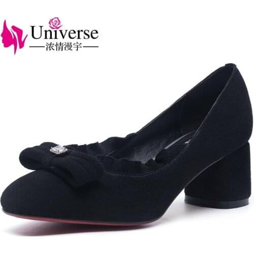 Universe Sweet Kid Suede Pumps Butterfly-knot Casual Round Toe Slip-On High Heel Black Heels Summer Women Shoes 2018 35-40 H037