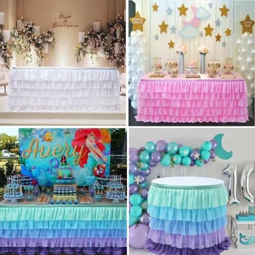 Tulle Table Skirt Blue Five Layer Ice Silk Fabricfor Wedding Decor Birthday Baby Shower Party Decoration Tablecloth