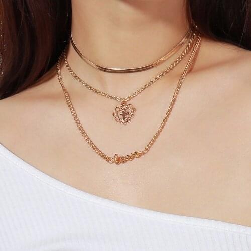 Rongho Vintage multi-layers Cross heart chokers necklaces for women Gold Love letter pendant necklace punk jewelry