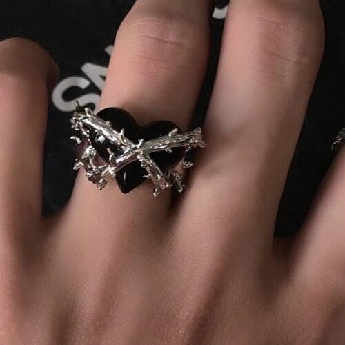 Flashbuy New Design Punk Gothic Thorns Black Silver Color Heart Metal Opened Rings For Women Girls Party Adjustable Jewelry
