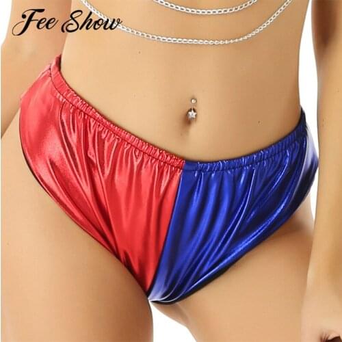 2019 Women Adults Halloween Jester Cosplay Exotic Panties Shiny Metallic Elastic Waist Red and Blue Color Block Hot Booty Briefs