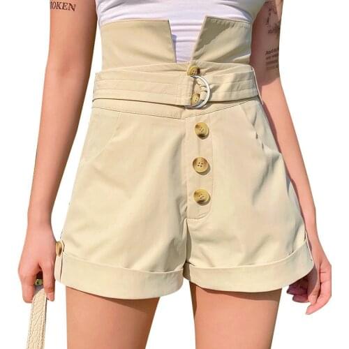Women Summer Short Pants with Pockets Solid Color High-Waist Button-Open Roll-Up Hem Casual Shorts with Belt for Girls Clothing