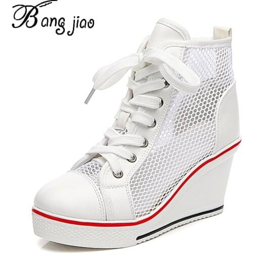 2019 Wedges Mesh High Heels 8 cm Sandals Increased Women Casual Sneakers High Top Laces Women Mesh Hollow Out Shoes Summer