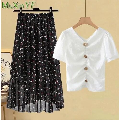 Summer Dress Suit Womens Slim High Waist Sexy Chiffon T-Shirt Skirt Two-Piece 2021 New V-Neck Top Print Midi Skirts Suit Clothe