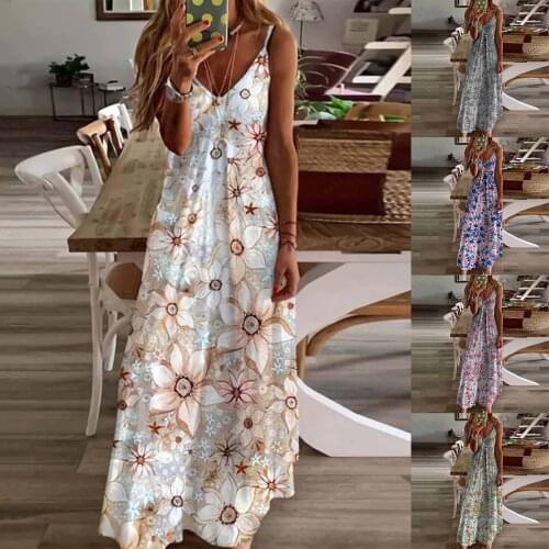 Casual Women Maxi Dress Summer Sleeveless V-neck Printed Long Dress Ladies Dresses Sexy Backless Clothing Streetwear Vestidos