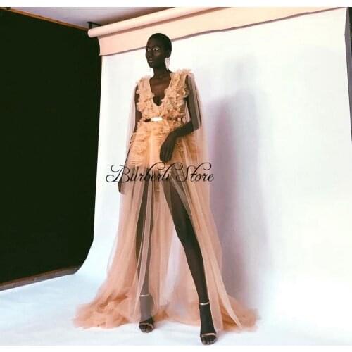 Newest Chic Sexy Ruffles Tulle See Thru Formal Event Party Dresses With Long Cape Deep V-neck Beaded Women Gowns Tulle Outfit