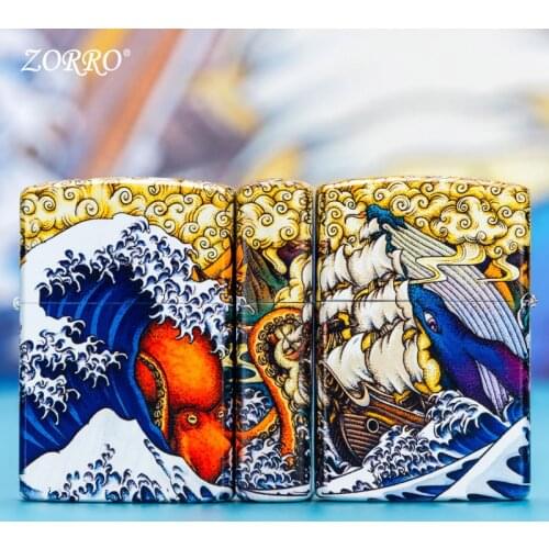 Zorro Kerosene Lighter Windproof stormy Waves Creative Retro Grinding Wheel Pure Copper Shell Gasoline Oil Cotton For Boyfriend