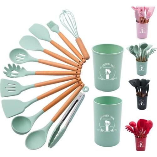 12pcs Silicone Cooking Utensils Set Non-stick Spatula Shovel Wooden Handle Cooking Tools With Storage Box Kitchen Tools OK 1187