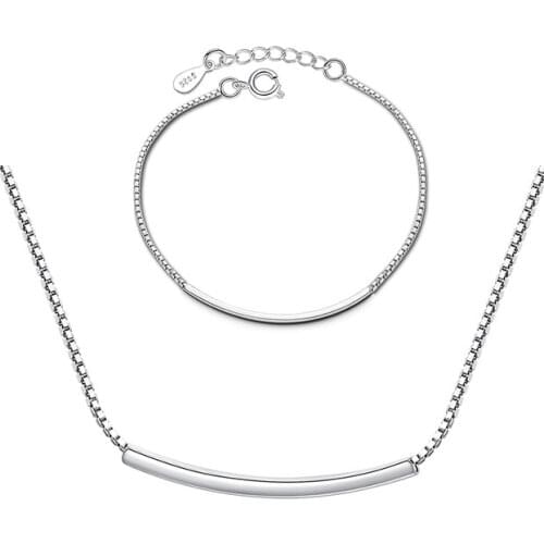 ANENJERY 925 Sterling Silver Dainty Curved Tube Necklace+Bracelet Jewelry Sets For Women Sister Jewelry