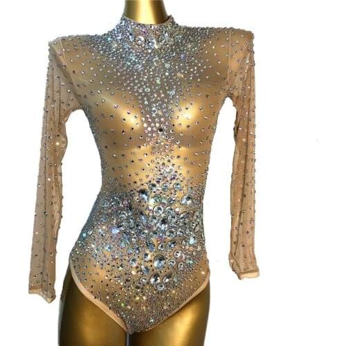 Bright Rhinestones Crystals Mesh Outfit Bodysuit Evening Birthday Party Transparent Leotard Nightclub Singer Dance Big Stones