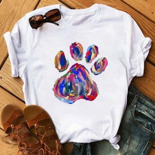 Women Dogs Paw Watercolor Cute Short Sleeve T-shirts Fashion Summer Printed Lady Womens Clothes Tops T-Shirt Shirt Female